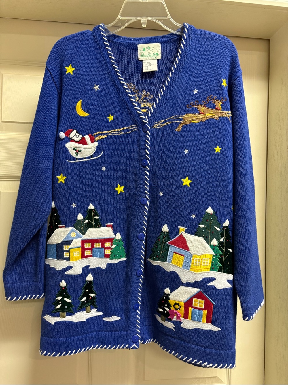 Quacker Factory Blue Holiday Cardigan with Santa, Reindeer & Village Embroidery